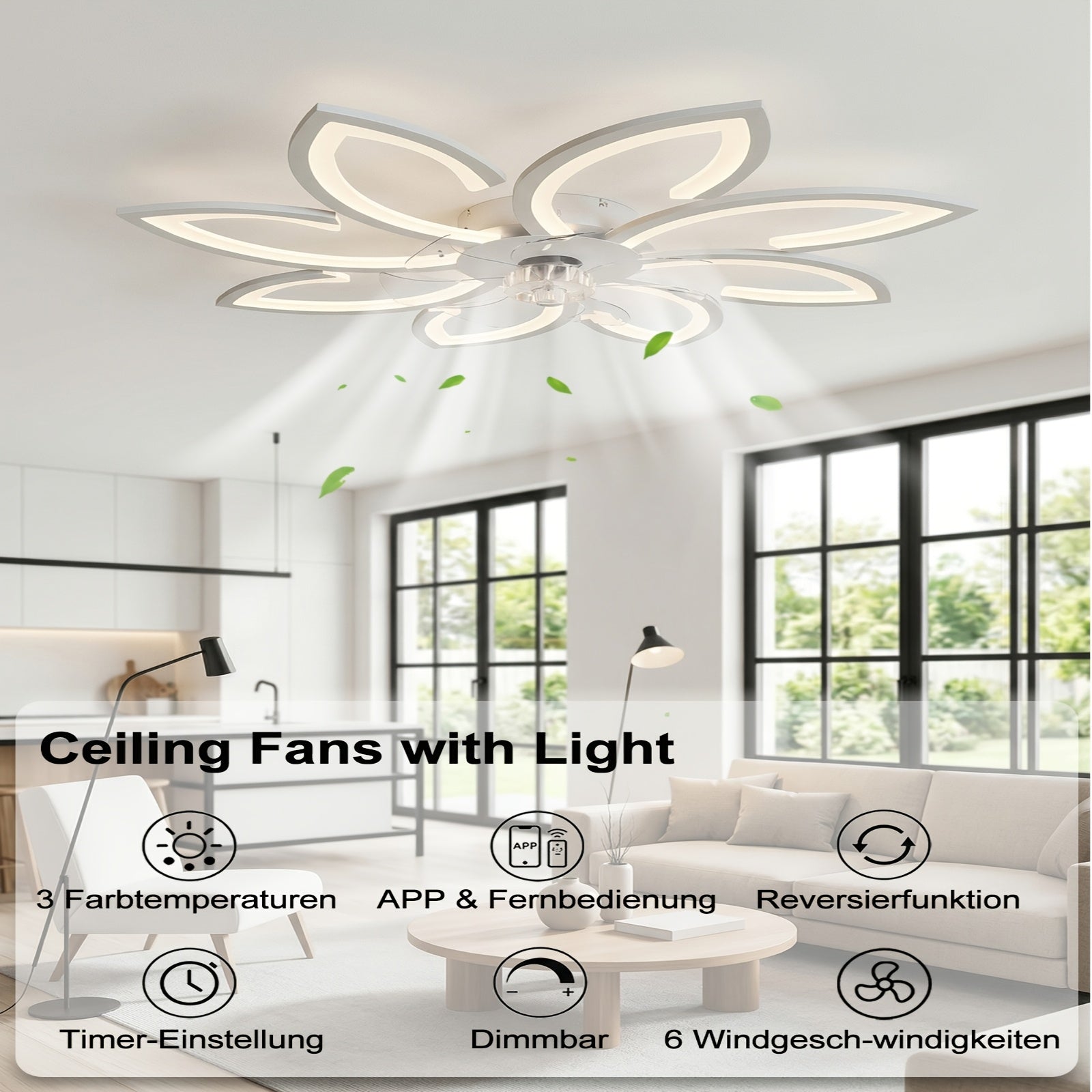 Deckenventilator im Blumenmuster (mit Beleuchtung, LED-Beleuchtung für Schlafzimmer und Bett – Detailansicht 2