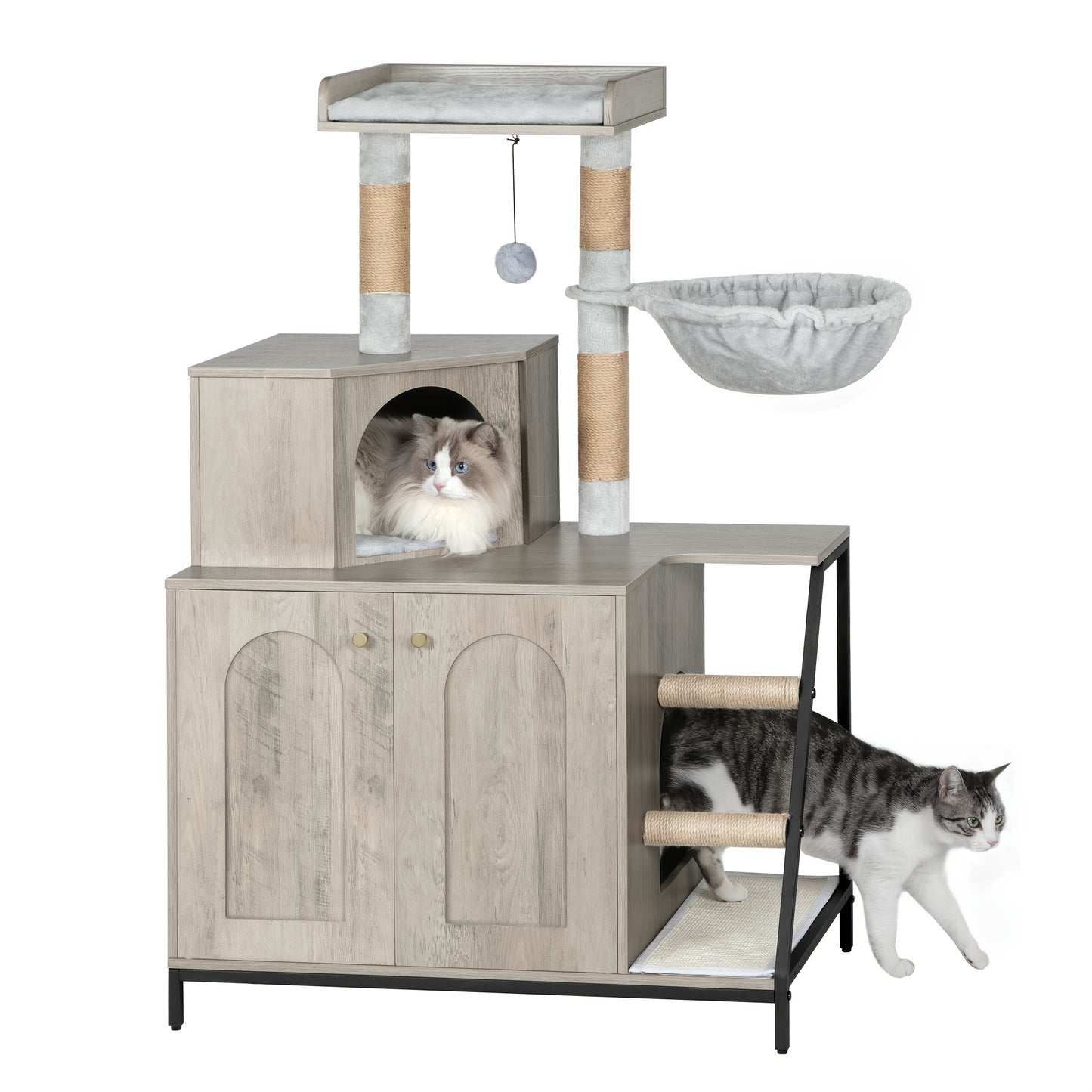 Katzenbaum mit Katzentoilettenschrank, Katzenkabinett, 4-in-1 modernes Katzenhaus mit großer Plattform, Katzenhaus mit Sisal-Kratzmatte, Pfosten, Treppe  Pompom, waschbare Kissen, Hellbeige/Weiß