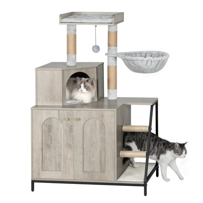 Katzenbaum mit Katzentoilettenschrank, Katzenkabinett, 4-in-1 modernes Katzenhaus mit großer Plattform, Katzenhaus mit Sisal-Kratzmatte, Pfosten, Treppe  Pompom, waschbare Kissen, Hellbeige/Weiß