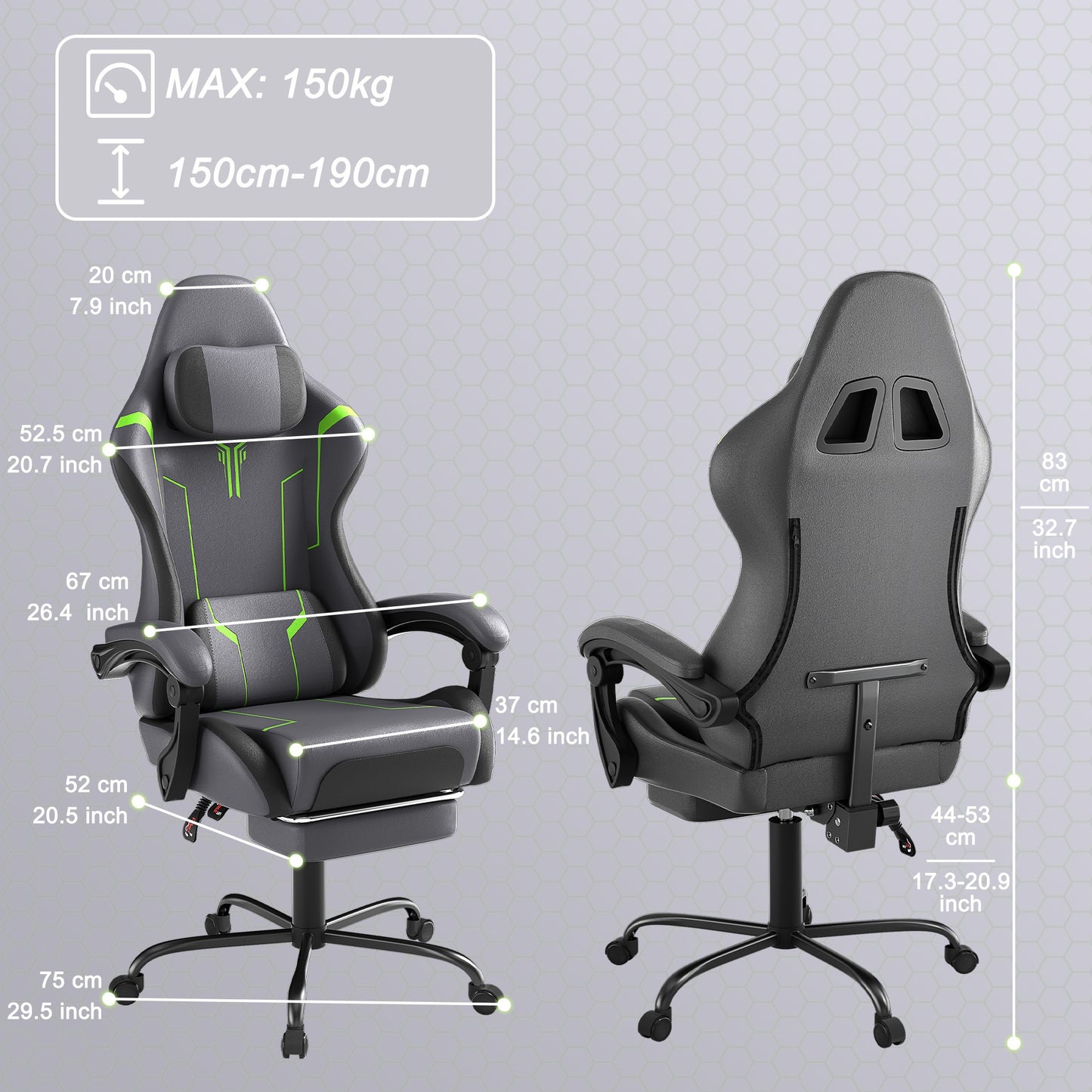 Ergonomischer Gaming-Stuhl mit verstellbarer Lendenwirbelstütze, Kopfstütze, Armlehnen und Fußstütze, geeignet für Büro und PC-Gaming, mit 135° Neigung und einer Traglast von 150 kg