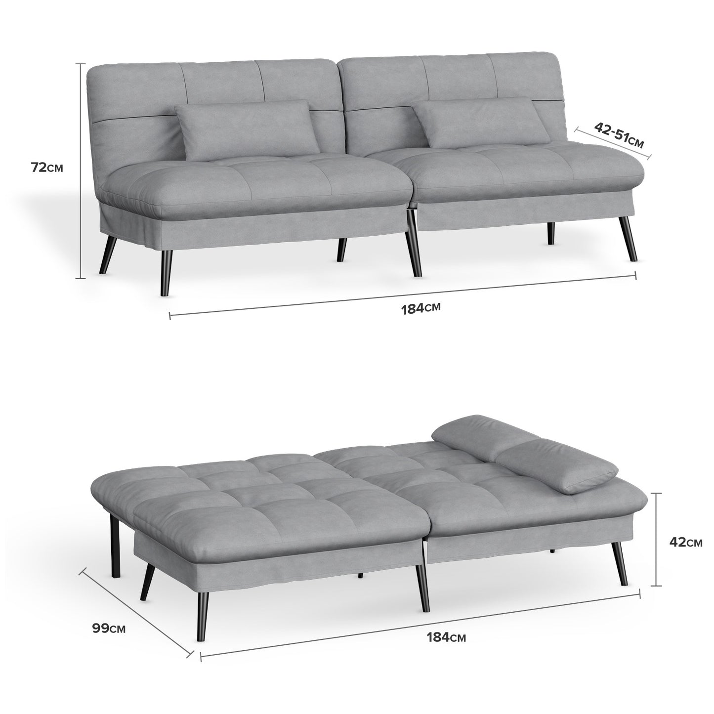 Sofa Schlafsofa mit Schlaffunktion, überzug Futon Klappsofa, Bettcouch, ecksofa, Couch Gästebett, 3-Sitzer Sofa, mit verstellbare Rückenlehne aus Stoff