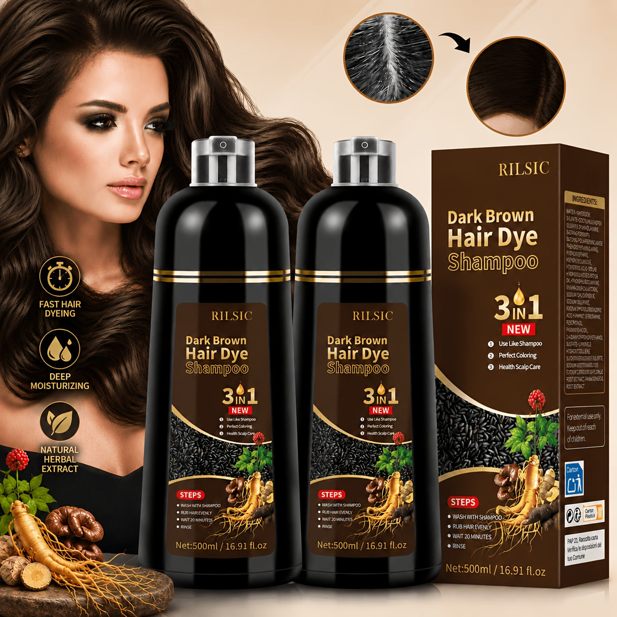 Dunkelbraunes Haarfärbendes Shampoo, Dunkelbraun-1 für Damen Herren – Hauptansicht