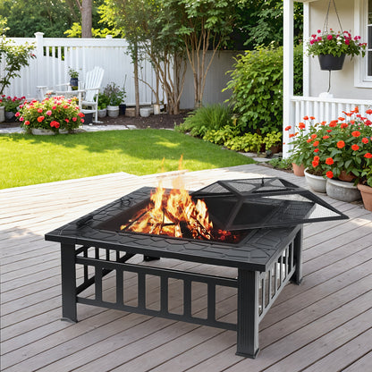 Kamin mit Funkenfänger 81 cm, abgedeckte Feuerstelle, Feuerschale und Feuerkorb für Gartenkamin, inklusive Grill, Holzkohlebrenner, Poker, Grillzange, für Gartenpartys, Außenheizung