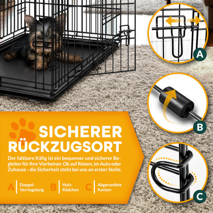 TRESKO Hundekäfig faltbar mit 2 Türen | Transportkäfig Auto | Hundebox mit Bodenschale | Transportbox Drahtkäfig
