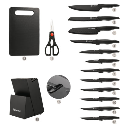 15-teiliges professionelles Küchenmesser-Set mit schwarzem Holzblock, rutschfestem ABS-Griff für Kochmesser, Kunststoff-Schneidebrett  Küchenschere, Weihnachts- & Neujahrs-Küchengeschenke