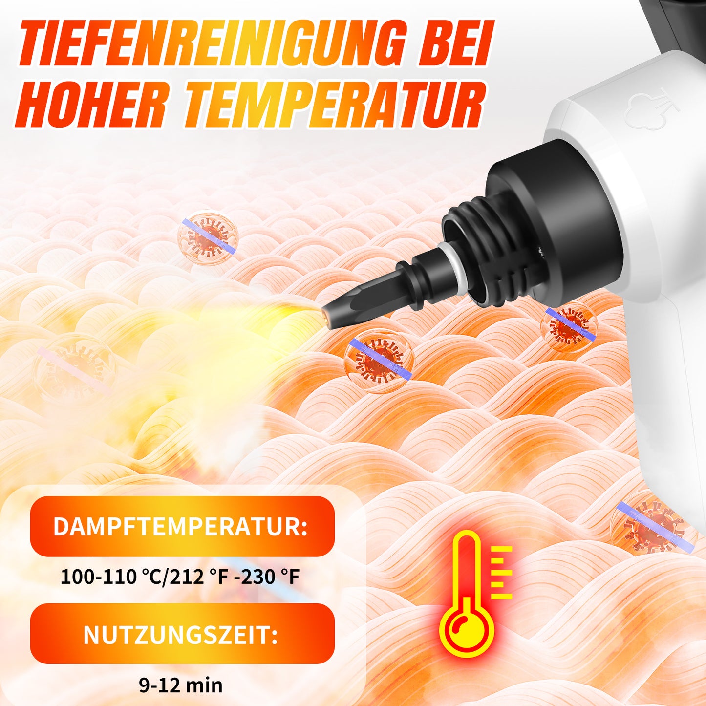 Dampfreiniger, Steam cleaner,Multifunktions-Handdampfreiniger,dampfreiniger Dampfdruck: 3 bar, Aufheizzeit: 3 min., Leistung: 1200 W, Flächenleistung: 20 m², Tank: 200 ml, mit Hand-, Punktstrahl- und Powerdüse, Mikrofaser-Überzug und Rundbürste für Badezi