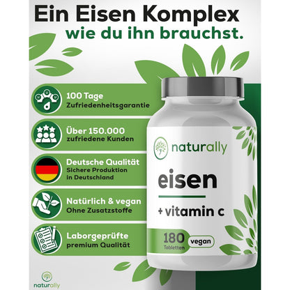 Eisentabletten mit Vitamin C [180 Stück] – 20mg Eisen aus Eisenbisglycinat, 40mg Vitamin C aus Hagebutte – vegan von naturally