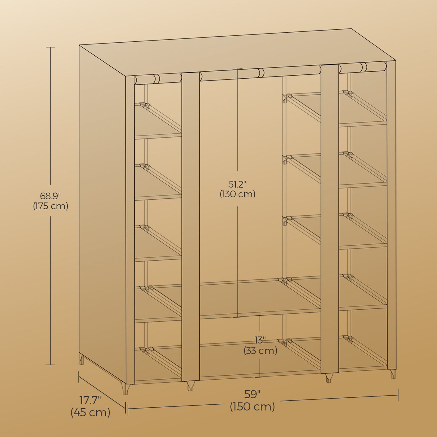 Stoffschrank, Kleiderschrank, mit Überzug aus Vliesstoff, mit Kleiderstange, 45 x 150 x 175 cm, Metallrahmen, Schrank fürs Schlafzimmer
