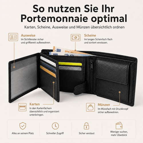 Herren Geldbörse aus echtem Nappaleder, Portemonnaie mit RFID-Schutz, 12 Kartenfächern, Geldscheinfach, für Business & Reisen