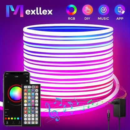 Mexllex RGB Neonlichtstreifen mit 44-Tasten-Fernbedienung, APP-Verbindung, IP-170,18 cm spritzwassergeschützt, Farbe  Helligkeit einstellbar, Musikmodus, DIY-Funktion, geeignet für Schlafzimmer, Wohnzimmer, Arbeitszimmer, Geschenk, etc
