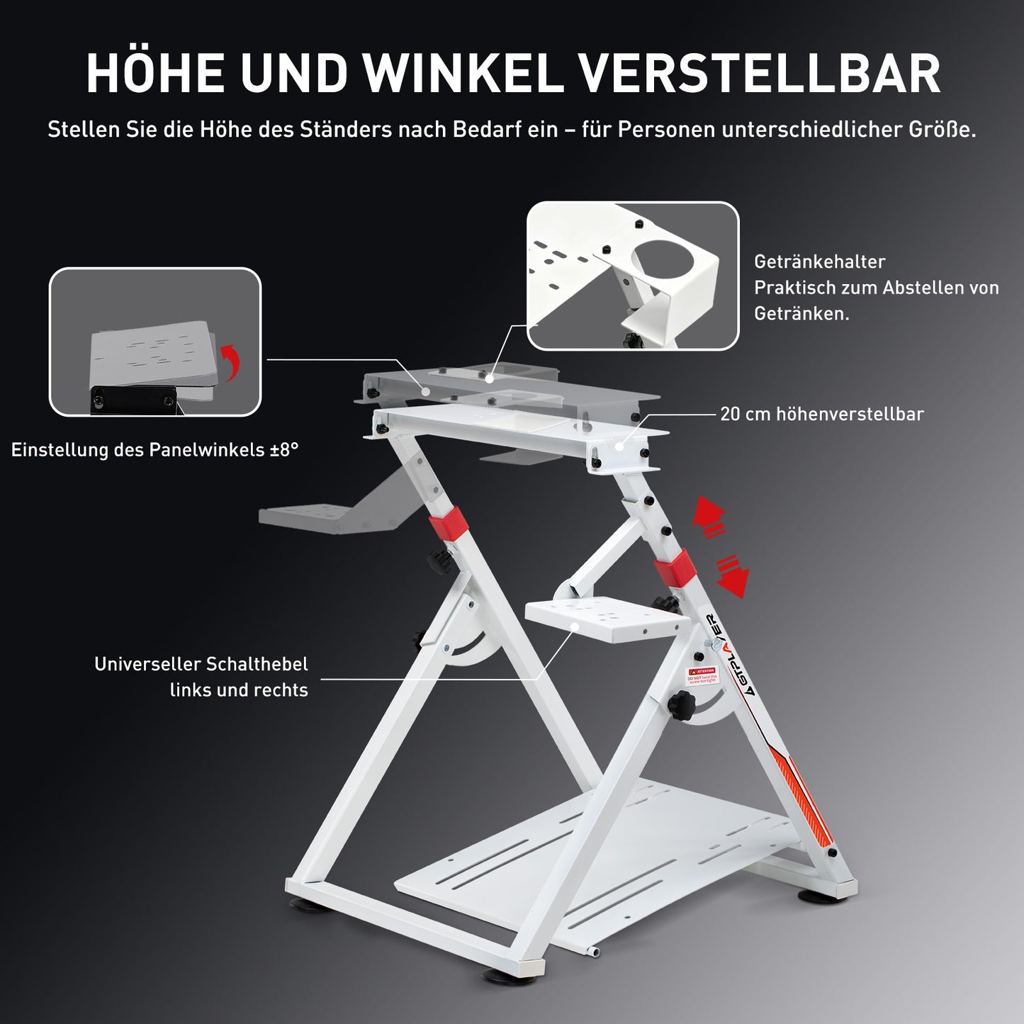 Lenkradständer für Lenkrad Gaming Wheel Stand Racing Lenkradständer mit V1 V2 Schalthebelhalterung, integriertem Getränkehalter, neigungsverstellbarem Gestell