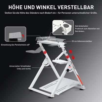 Lenkradständer für Lenkrad Gaming Wheel Stand Racing Lenkradständer mit V1 V2 Schalthebelhalterung, integriertem Getränkehalter, neigungsverstellbarem Gestell