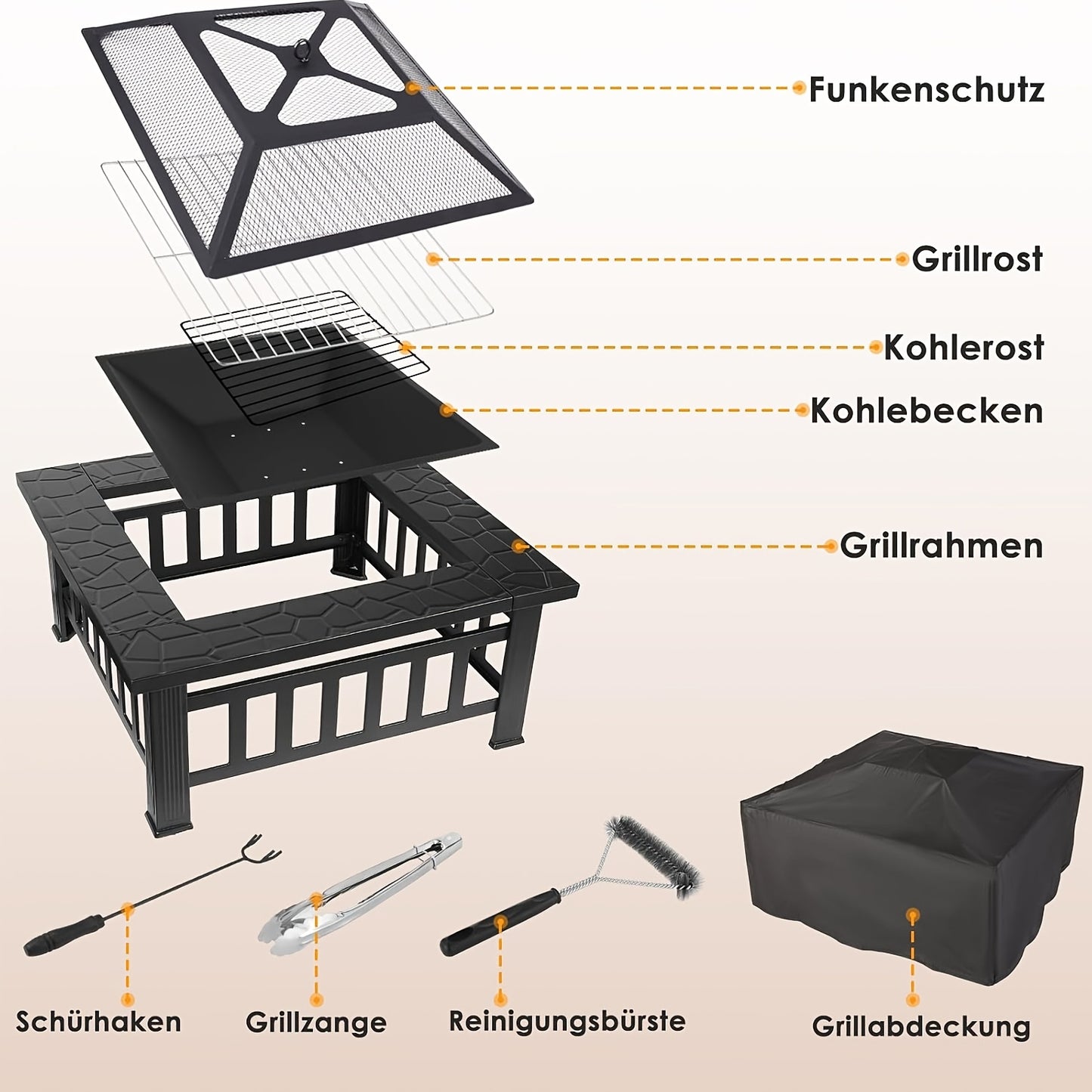 Kamin mit Funkenfänger 81 cm, abgedeckte Feuerstelle, Feuerschale und Feuerkorb für Gartenkamin, inklusive Grill, Holzkohlebrenner, Poker, Grillzange, für Gartenpartys, Außenheizung