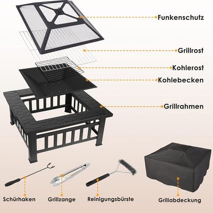 Kamin mit Funkenfänger 81 cm, abgedeckte Feuerstelle, Feuerschale und Feuerkorb für Gartenkamin, inklusive Grill, Holzkohlebrenner, Poker, Grillzange, für Gartenpartys, Außenheizung