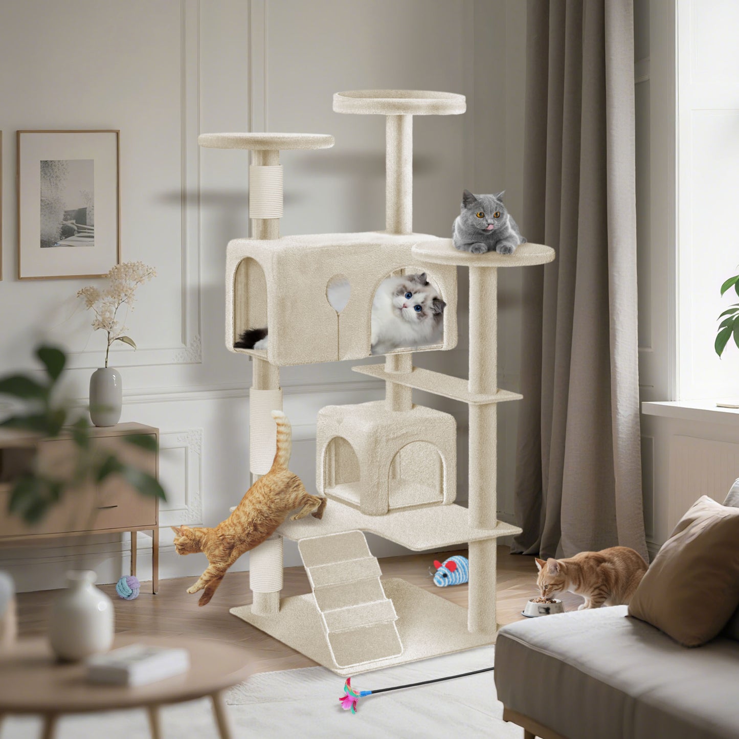 Krallenbaum Großer Katzenkrallenbaum 49 x 49 x 130 cm XXL Katzenbaum mit Sisalsäulen und Katzenhöhle, Rutschfeste Aktivitätskrallenbäume für mehrere Katzen, K1254
