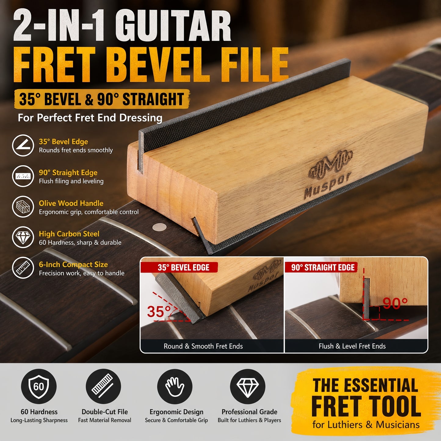 Olivenholz Gitarren Bordürenfeile, Dual-Winkel Design aus Kohlenstoffstahl, Professionelles Bordüren-Nivellierwerkzeug, Ergonomischer Griff, Ideal für Gitarren-/Basswartung, Handfeile