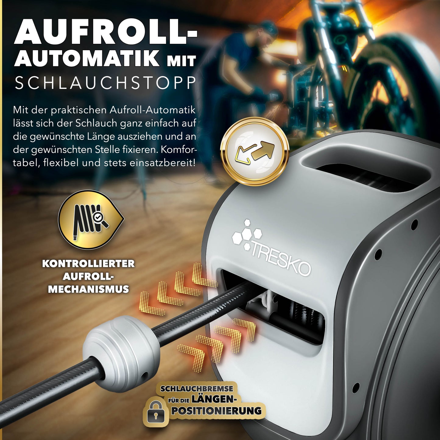 TRESKO® Druckluft Schlauchtrommel automatisch | Druckluftschlauch Aufroller 1/4" Anschluss | Wandschlauchhalter Automatik Schlauchaufroller