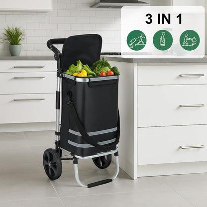 Generisch Einkaufstrolley 64 L, klappbarer Einkaufswagen mit Aluminiumrahmen, bis 60 kg Tragkraft, große Rollen & höhenverstellbarer Griff, Faltbare Einkaufstasche mit Kühltasche