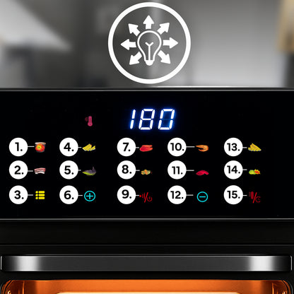 HEISSLUFTFRITTEUSE 12 L MIT TOUCH-LED-DISPLAY, 1350 W, 10 PROGRAMME, TEMPERATUR- UND ZEITREGELUNG, INNENBELEUCHTUNG, 2 BLECHE, SCHWARZ-SILBER