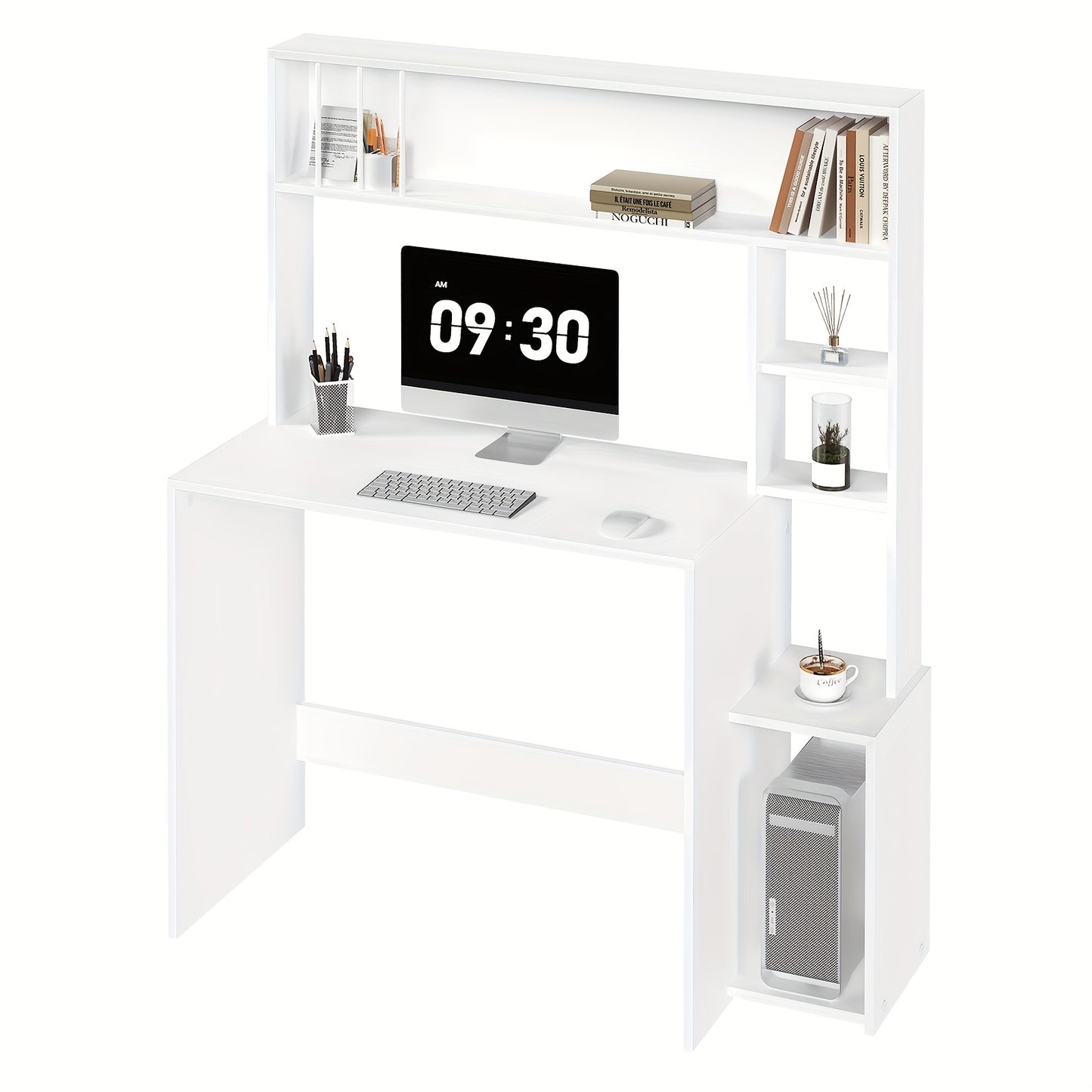 1 Stück Bürotisch, Computertisch mit Regalen, 5-stöckiges Bücherregal, Weißer Eichenholz Schreibtisch, Spiel- und Arbeitsplatz mit Stauraum, Heimbüro, Wohnzimmer-Schreibtisch, 113,5x139x45 cm