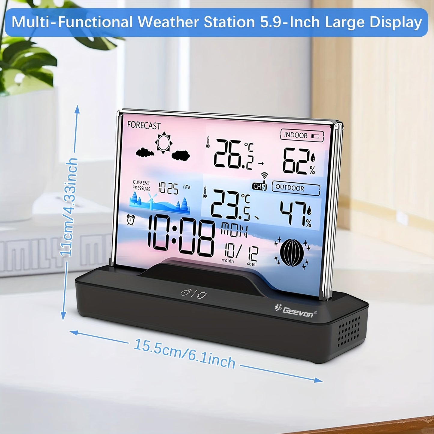Geevon Kabelloses Thermometer für Innen und Außen mit farbigem Display - Digitale Temperaturkalender, Barometrischer Druck und Wettervorhersage, Batteriebetrieben, Innenraum-Temperaturmonitor | Modernes Thermometer-Design |, Wetterstation