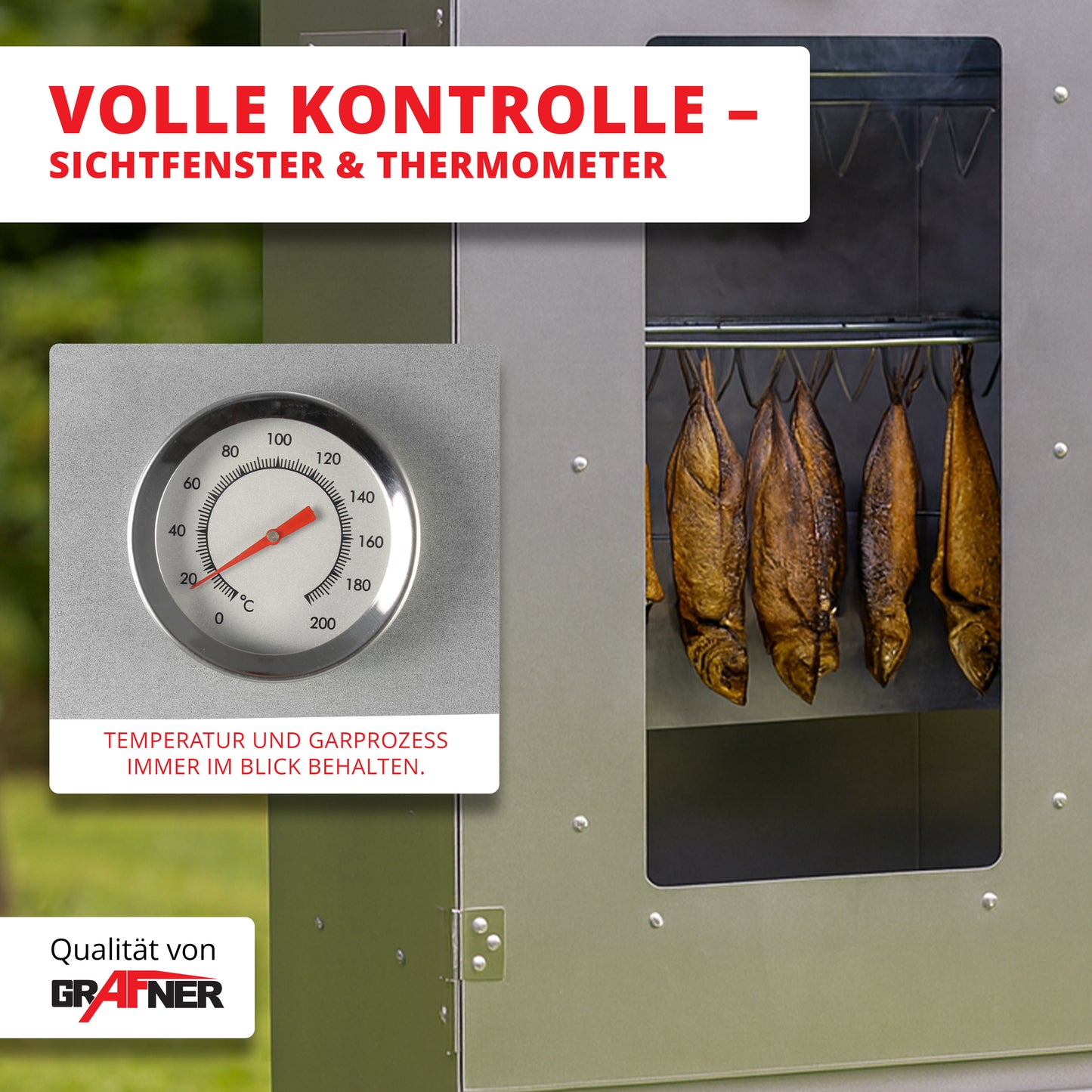 Grafner XL Räucherofen mit 3 Etagen, Sichtfenster und Thermometer, Stahl, 12x Haken, Räucherschrank zum Heißräuchern und Kalträuchern, Smoker für Fisch Fleisch Käse Gemüse