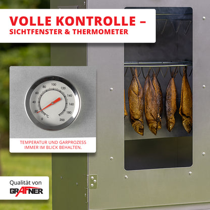 Grafner XL Räucherofen mit 3 Etagen, Sichtfenster und Thermometer, Stahl, 12x Haken, Räucherschrank zum Heißräuchern und Kalträuchern, Smoker für Fisch Fleisch Käse Gemüse