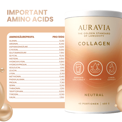 AURAVIA® Kollagen Pulver 450 g - Collagen Hydrolysat aus Weiderind Typ 1,2 & 3 - Collagen Pulver- Kollagenpulver hochdosiert ohne Plastiklöffel – made in Germany - Geschmacksneutral