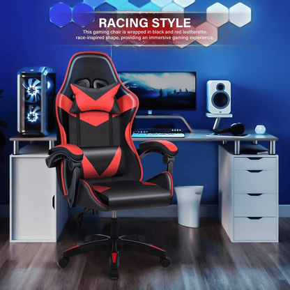 Ergonomischer Gaming-Stuhl mit Lendenwirbelstütze, Kopfstütz & Fußauflage – Verstellbarer Bürostuhl für Erwachsene Kinder, Mehrere Farben, Komfortabler Memory-Schaum-Sitz, Stabiles Nylon-Gestell, Ideal für lange Spiele & Arbeitsessions