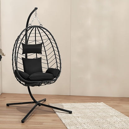 1 Stück Hängesessel mit Kissen, Loungesessel, Möbel, Hängesessel mit Rahmen, Schaukelstuhl, geeignet für den Innen- und Außenbereich, Tragfähigkeit 150 kg, PE Rattan gewebter Metallrahmen, geeignet für Gärten, Balkone, Terrasse, Wohnzimmer usw.
