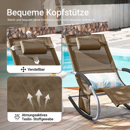 1 Stück Sonnenliege Gartenliege Relaxliege Schaukelliege Liegestuhl Outdoor mit Kopfkissen Ergonomische Liegefläche Wetterbeständiges Gewebe Metallgestell Seitentasche Bis 150 kg Terrasse Balkon Garten Camping 150x87x63cm