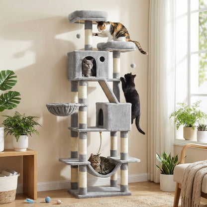XXL Katzenklettergerüst 206 cm hoch einem Kippschutz, Kratzbaum Katzenbaum mit 13 Kratzsäulen, 2 Plattformen, 2 Höhlen, Korb, Hängematte, Plüschbälle,Stabiles Und Langlebiges ,Einfache Montage,für Wohnungskatzen die gerne klettern und hoch hinaus wollen