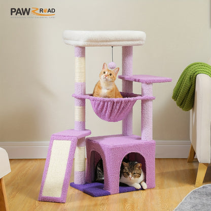 PAWZ Straßenkatzenbaum für Hauskatzen mit Riesen-Kondominium, 1 Sisalebrett, 3 Kratzpfosten, Katzenkratzturm mit Großer Hängematte & Sitzstange 90cm