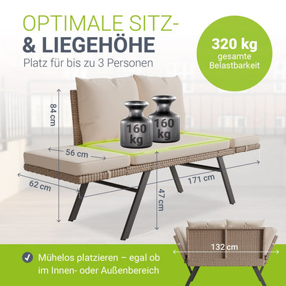 Multifunktionsbank Calvia Schwarz/Grau/Creme - klappbare Sonnenliege mit wetterfestem Polyrattan, Gartenbank mit 240 kg Belastbarkeit