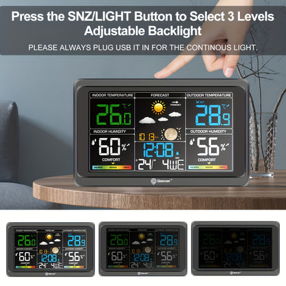 Geevon Wetterstation Drahtloser Innen-  Außenthermometer, Farbdisplay-Wetterthermometer, Digitales Temperaturmessgerät mit Barometer, Kalender, USB-Ladefunktion  einstellbarer Hintergrundbeleuchtung