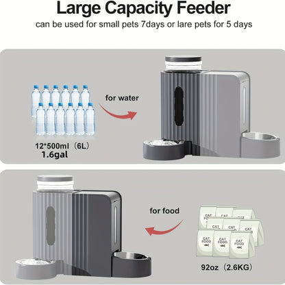 2-in-1 Automatischer Futterautomat für Katzen und Wasserspender für Hunde, mit einer großen Kapazität von 3L/6L, Schwerkraft-Fütterung ohne Strom, mit einer 304 Edelstahl-Schüssel, die herausnehmbar und waschbar ist, geeignet für Haushalte mit mehreren Ha