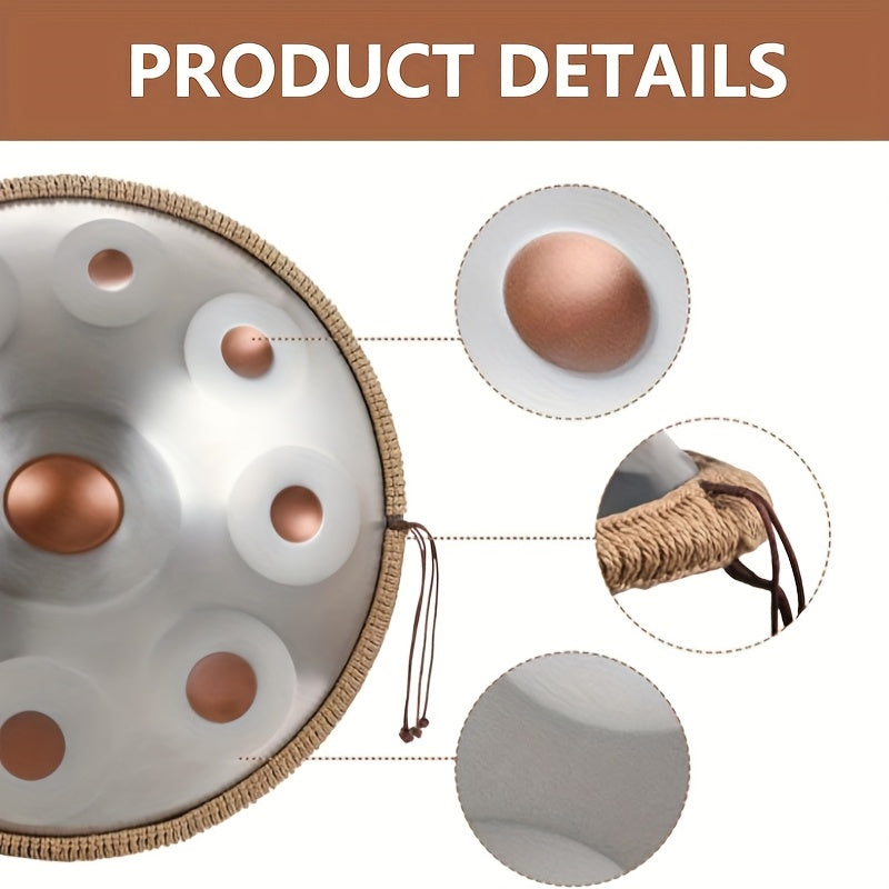 Handpan-Trommel 55.88 cm mit 10 Noten, 440Hz d-Moll Kurdische Handpan-Trommeln für Erwachsene, Hochwertiges Stahl-Handpan-Instrument ausgestattet mit Handpan-Tasche, staubfreiem Tuch, Holzschlägel und Ständer, Geeignet für Anfänger