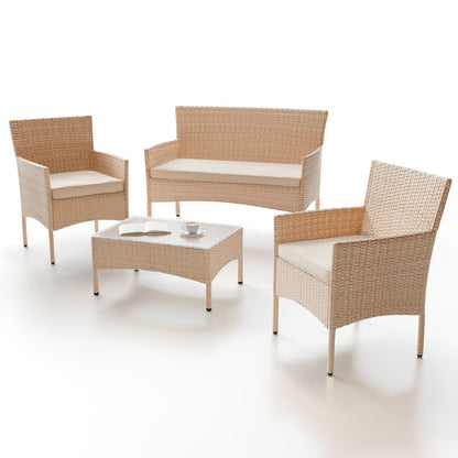Polyrattan Sitzgruppe Fort Myers 4 Personen mit 2er Sofa, 2 Stühle, Tisch & Sitzkissen wetterfest schwarz/grau creme Balkonmöbel Gartenmöbel Set