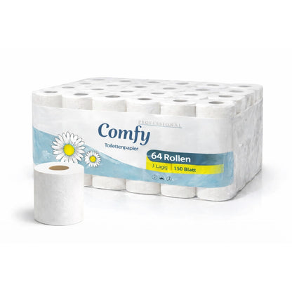 64 Rollen Toilettenpapier -1/2/3 x 64er Pack, Comfy , 3-lagig, Zellstoff weiß, 150 Blatt je Rolle , Hochwertige Zellulose, schnell abbaubar, 1 Stück, 2 Stück, 3 Stück