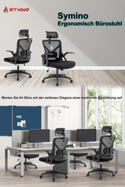 Symino Ergonomischer Bürostuhl mit verstellbarer Kopfstütze, Armlehnen, Lendenwirbelstütze  Dreh-Schaukel-Funktion – Atmungsaktives Mesh-Design, bis zu 150 kg belastbar, Schwarz