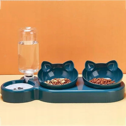 Doppel-Schüssel-Set für Hunde und Katzen mit 500 ml Wasserspender und 40 cm x 16 cm PP-Boden. Praktisches Futter-Set für Haustiere mit Futter und Wasser. Hygienisches und langlebiges 3-in-1-Set.