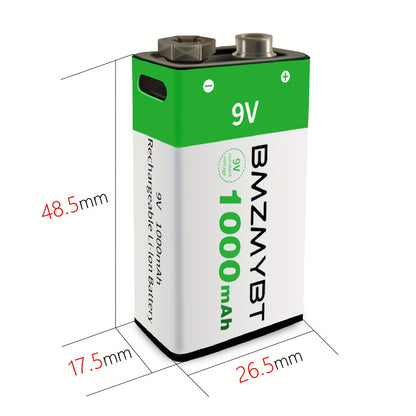 4er-Pack 9V Batterie, 9V Batterien, USB/Type-C 9V Wiederaufladbarer Lithium-Ionen-Akku, Hohe Kapazität 9V 1000mAh 9000mWh Wiederaufladbarer Lithium-Akku, 1,5 Stunden Schnellladung, Konstante Ausgangsleistung, Lange Lebensdauer bis zu 1200x mit Type-C Ansc