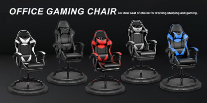 Ergonomischer Gaming-Stuhl mit Fußstütze – Strapazierfähiger höhenverstellbarer Liegestuhl, 3609-Grad-Drehfunktion & Lordosenstütze, manueller Neigemechanismus, Farboptionen Schwarz/Rot/Weiß, kunstlederähnliche Textur, Schaumstoffpolsterung & Edelstahlrah