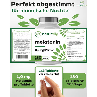 naturally Melatonin Tabletten [180 vegane Mini-Tabletten] – 0,5mg Melatonin pro Tagesdosisert, laborgeprüft, ohne Zusatzstoffe