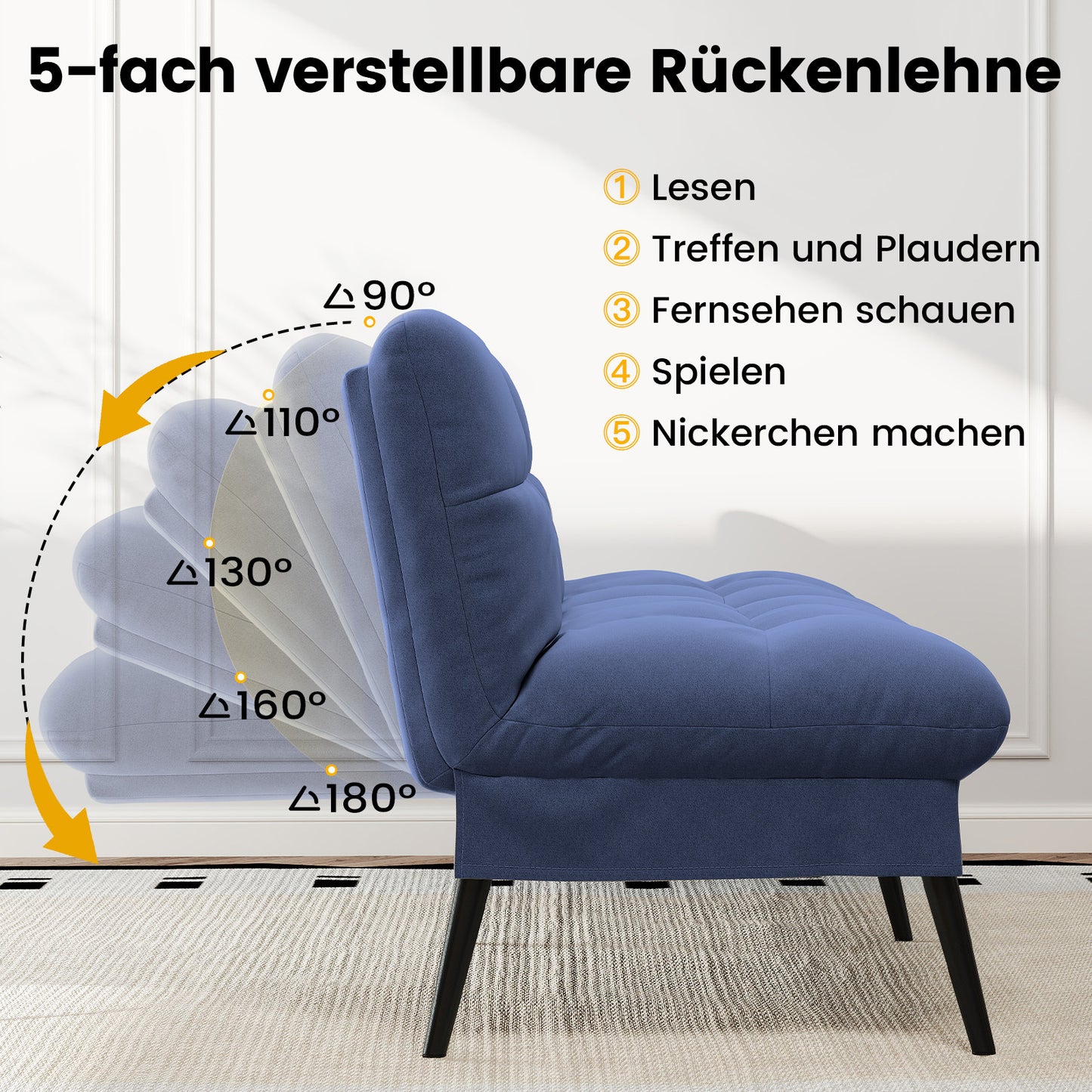 Sofa Schlafsofa mit Schlaffunktion, überzug Futon Klappsofa, Bettcouch, ecksofa, Couch Gästebett, 3-Sitzer Sofa, mit verstellbare Rückenlehne aus Stoff