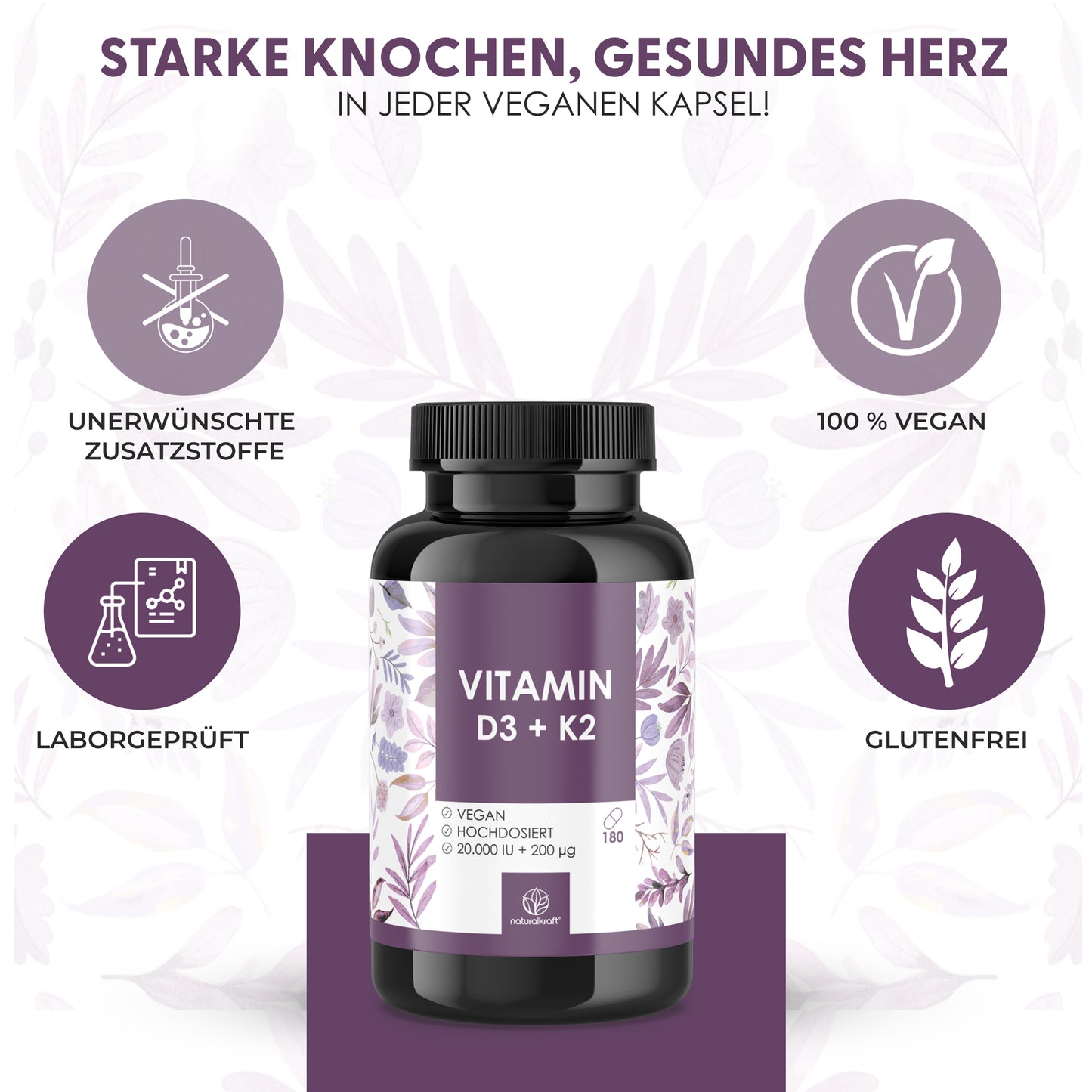 NATURALKRAFT® Premium Vitamin D3 + K2, 20.000 IE + 200 mcg, Depot (180 Kapseln, Hochdosiert und Vegan) – Deutscher Markenqualität