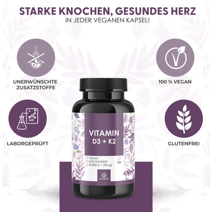 NATURALKRAFT® Premium Vitamin D3 + K2, 20.000 IE + 200 mcg, Depot (180 Kapseln, Hochdosiert und Vegan) – Deutscher Markenqualität