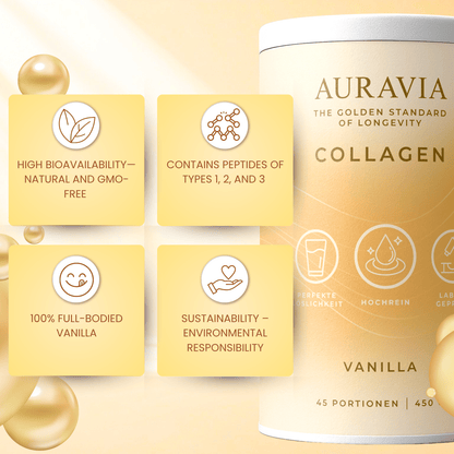 AURAVIA® Kollagen Pulver 450 g - Collagen Hydrolysat aus Weiderind Typ 1,2 & 3 - Collagen Pulver - Kollagenpulver hochdosiert in Pappdose ohne Plastiklöffel – made in Germany - Vanilla