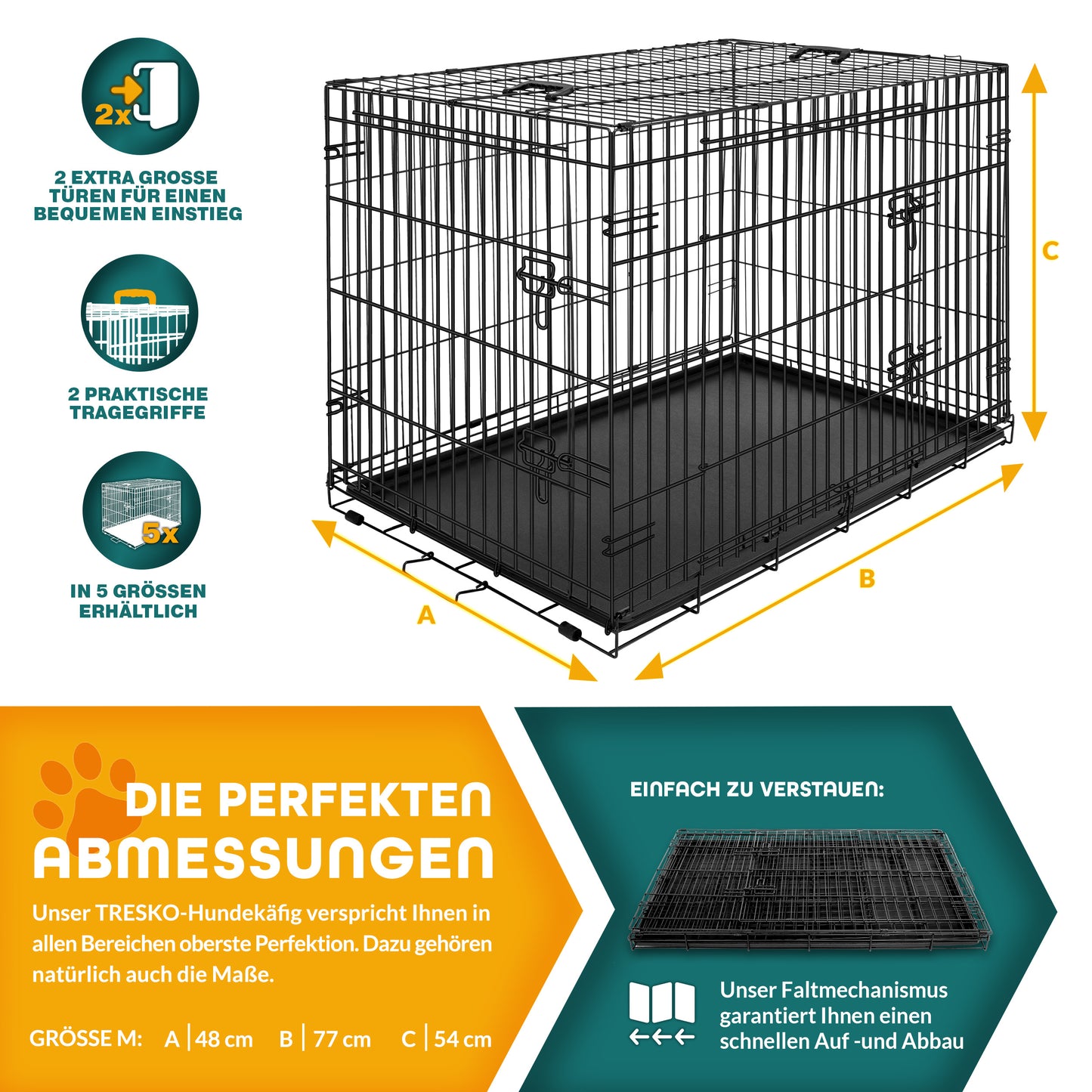 TRESKO Hundekäfig faltbar mit 2 Türen | Transportkäfig Auto | Hundebox mit Bodenschale | Transportbox Drahtkäfig