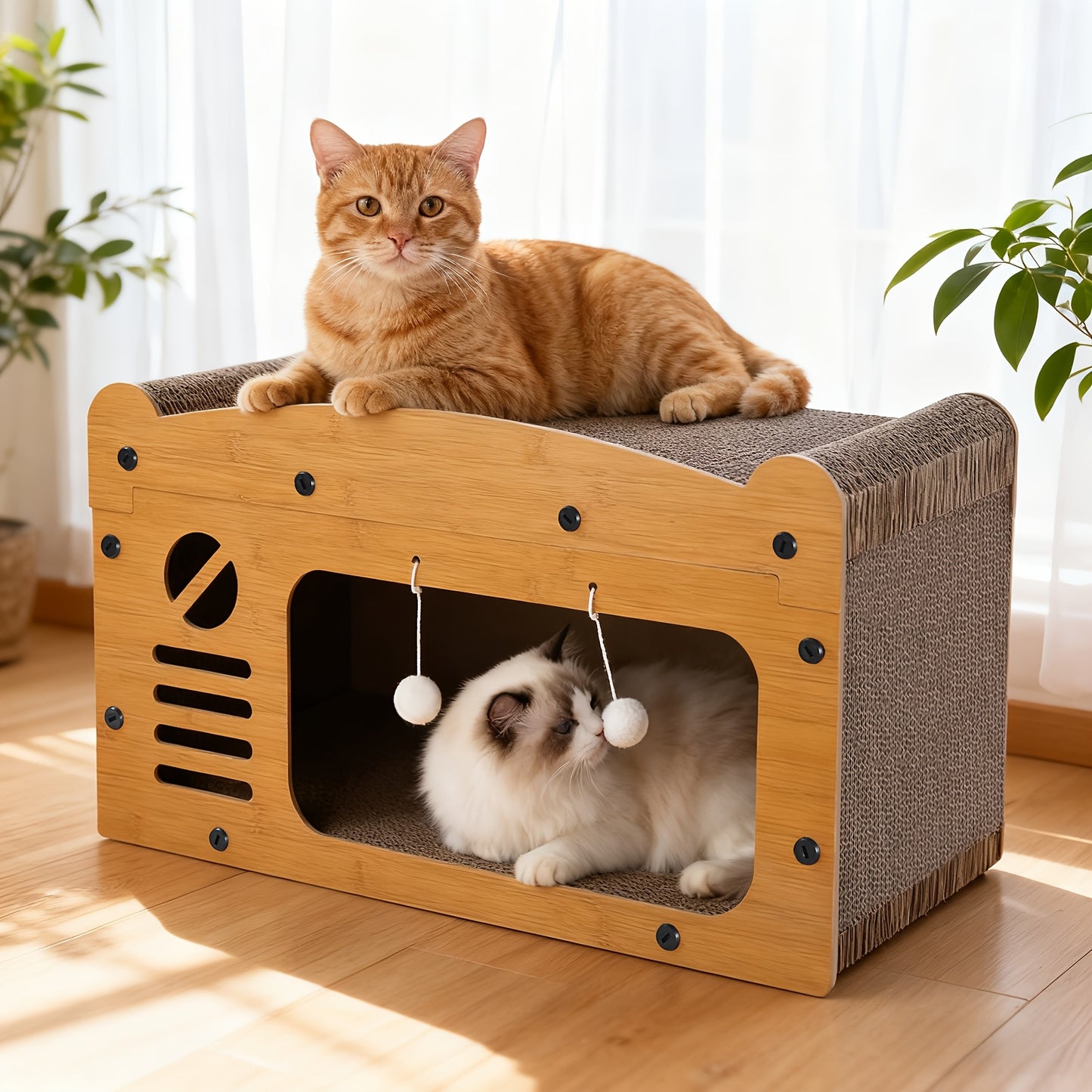 Großes Katzenhaus mit Kratzpfosten, 3-in-1 Karton-Katzenbett & Kratzbrett zum Krallenwetzen, Verstecken  Ausruhen, eingebauter Bommel zum Spielen, langlebige stabile Konstruktion & einfach zusammenzubauen, hält bis zu 11 kg, perfektes Geschenk für Katzenl